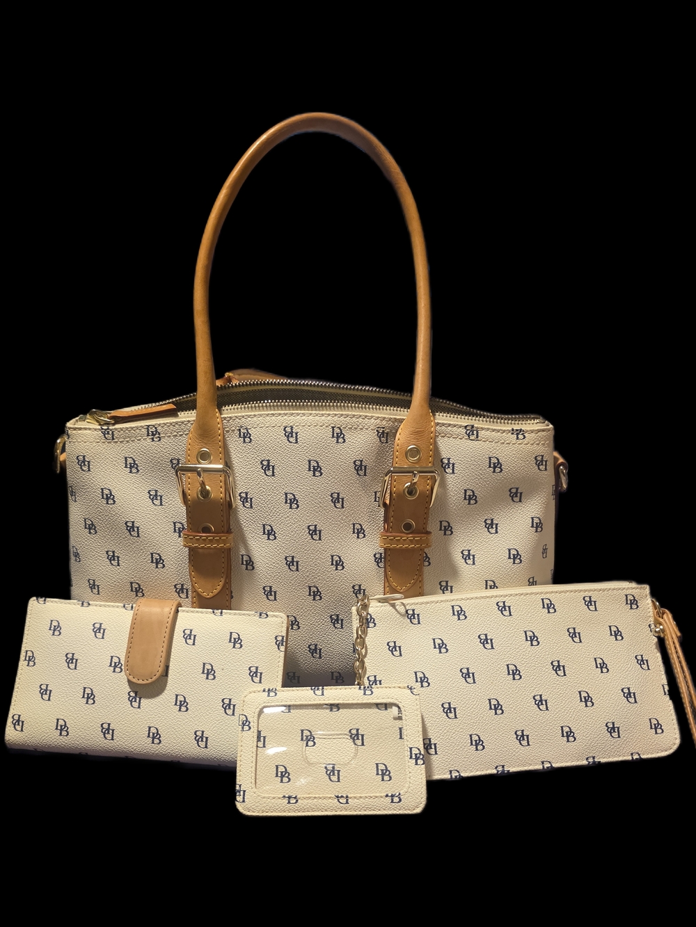 Dooney & Bourke Cream Logo Tote with Matching Wallet, Wristlet and Cardholder